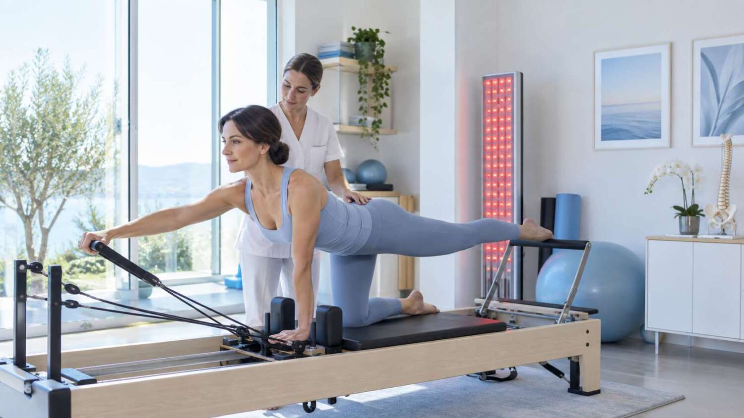Sessione di Pilates Reformer con tecnologia a infrarossi